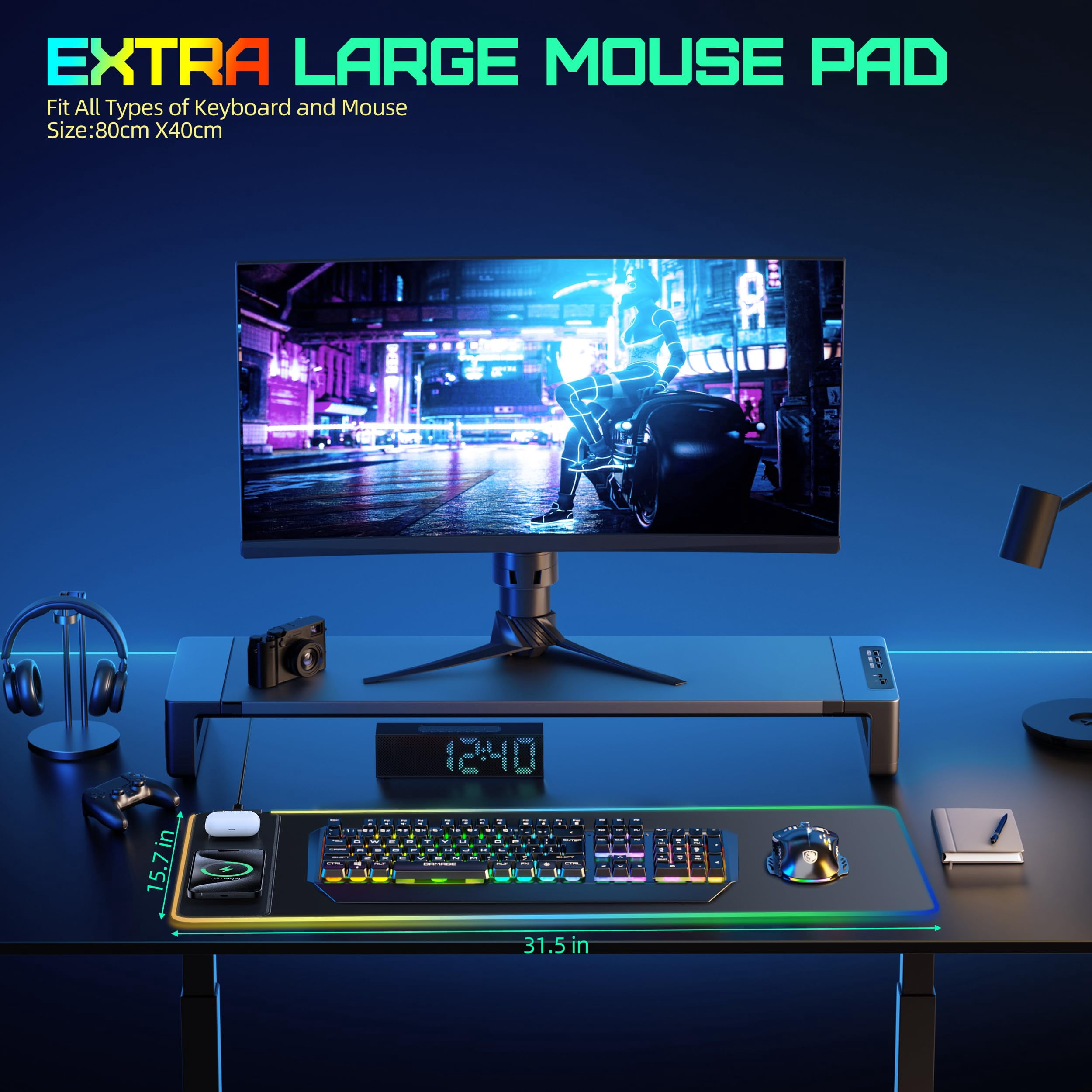 Investme RGB Wireless Charging Gaming Mouse Pad, 15W Fast Charging LED Mouse Mat with 15 Lights Modes, Smooth Surface, Waterproof with Non-Slip Base Large Mousepad
