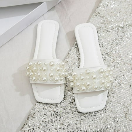

Aayomet House Slippers for Women Women Slippers Fashionable Summer New Pattern Pearl Decoration Large Flat Beach Shoes White 8.5