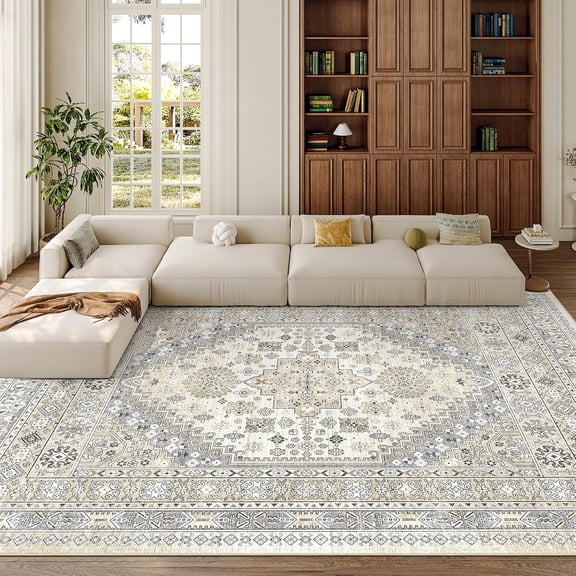 8 ft x 10 ft Beige Grey Low Pile Washable Indoor Area Rug with Non Slip Backing