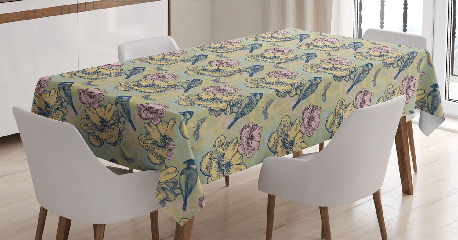Spring Tablecloth, Flourishing Nature Theme Hand Drawn Small Bird ...