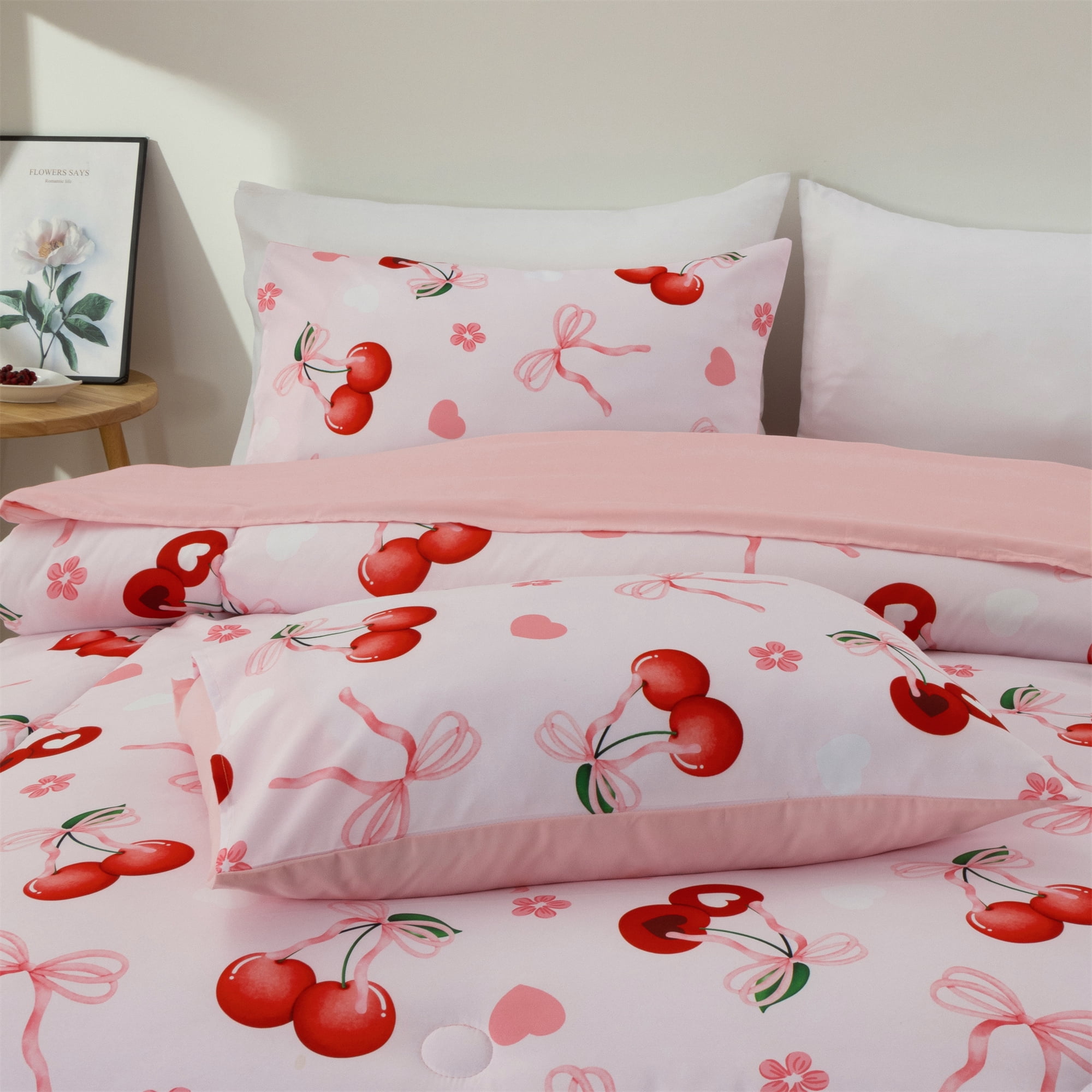 Btargot 6 Piece Bows Girls Twin Bedding Set Pink Cherry Love Hearts Flowers Girl Comforter Set