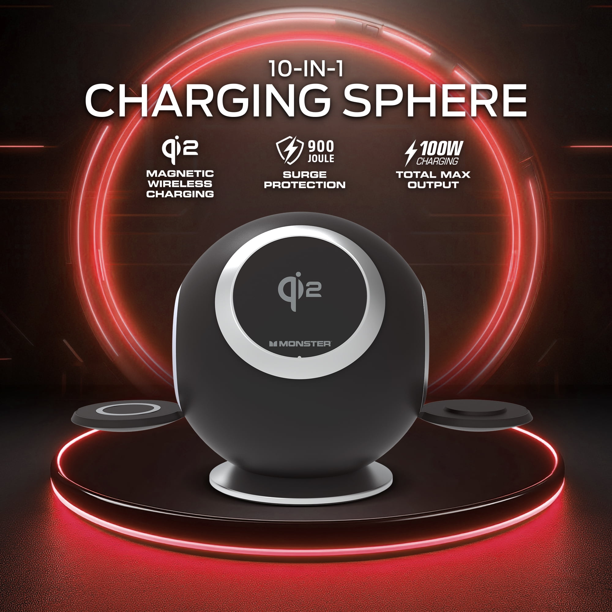 Monster 10-in-1 Charging Sphere Desktop Charging Station with Qi2 Magnetic Wireless Charging, 3 AC Outlets, 2 USB-C, 2 USB-A, Apple Watch & AirPods Charging Pads, 100W Total Output