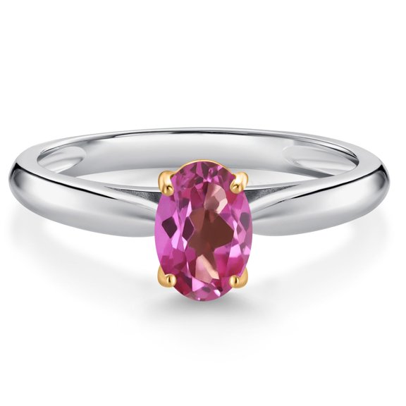 Gem Stone King 925 Sterling Silver and 10K Yellow Gold Pink Mystic Topaz Solitaire Engagement Ring for Women (0.80 Cttw, Oval 7X5MM, Gemstone Birthstone, Size 7)