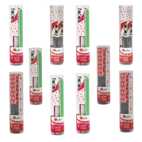 Awaken By Quality Choice Assorted Holiday Nail Care Stocking Stuffer Combo Pack - File, Buffer, and Filing Block - Essential for Nail - 10 Pack