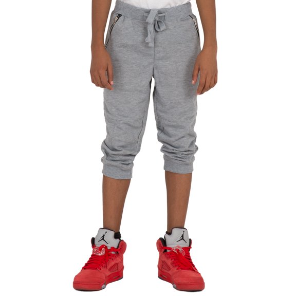 Vibes Boy Light Grey French Terry Jogger Capri Shorts Zipper Pockets Rib Bottom