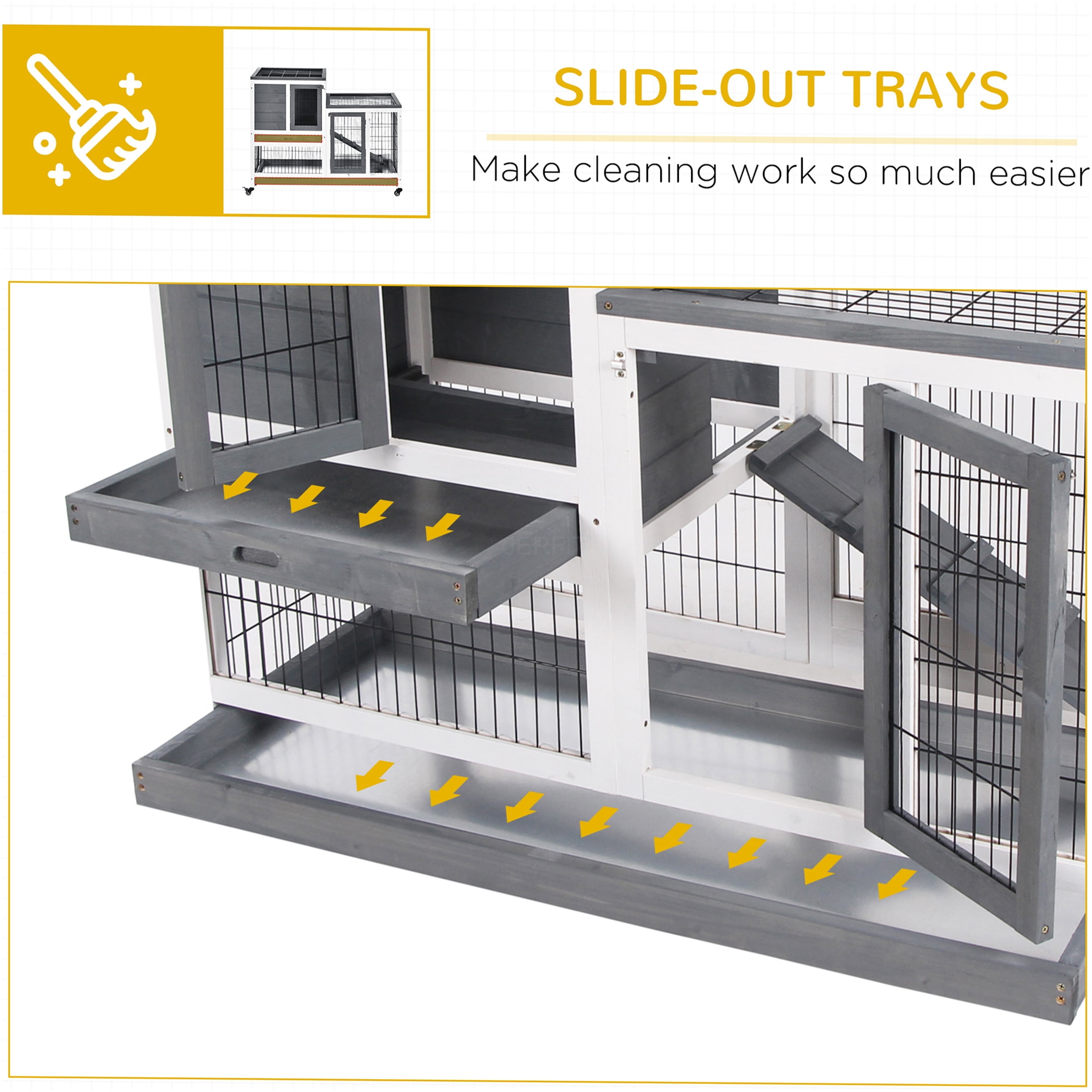 JERFIT Elevated Wooden Rabbit Hutch with Outdoor Run, Wheels & Ramp, Grey Indoor Bunny Cage for Rabbits, Guinea Pigs, Small Animals