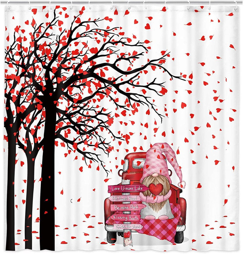 "Retro Valentines Day Love Heart Tree Shower Curtain, Red Truck with