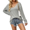 thumbnail image 1 of Tops de punto huecos para mujer, blusa de manga larga con cuello redondo de Color puro informal transpirable para fiesta de citas, gris M, 1 of 6
