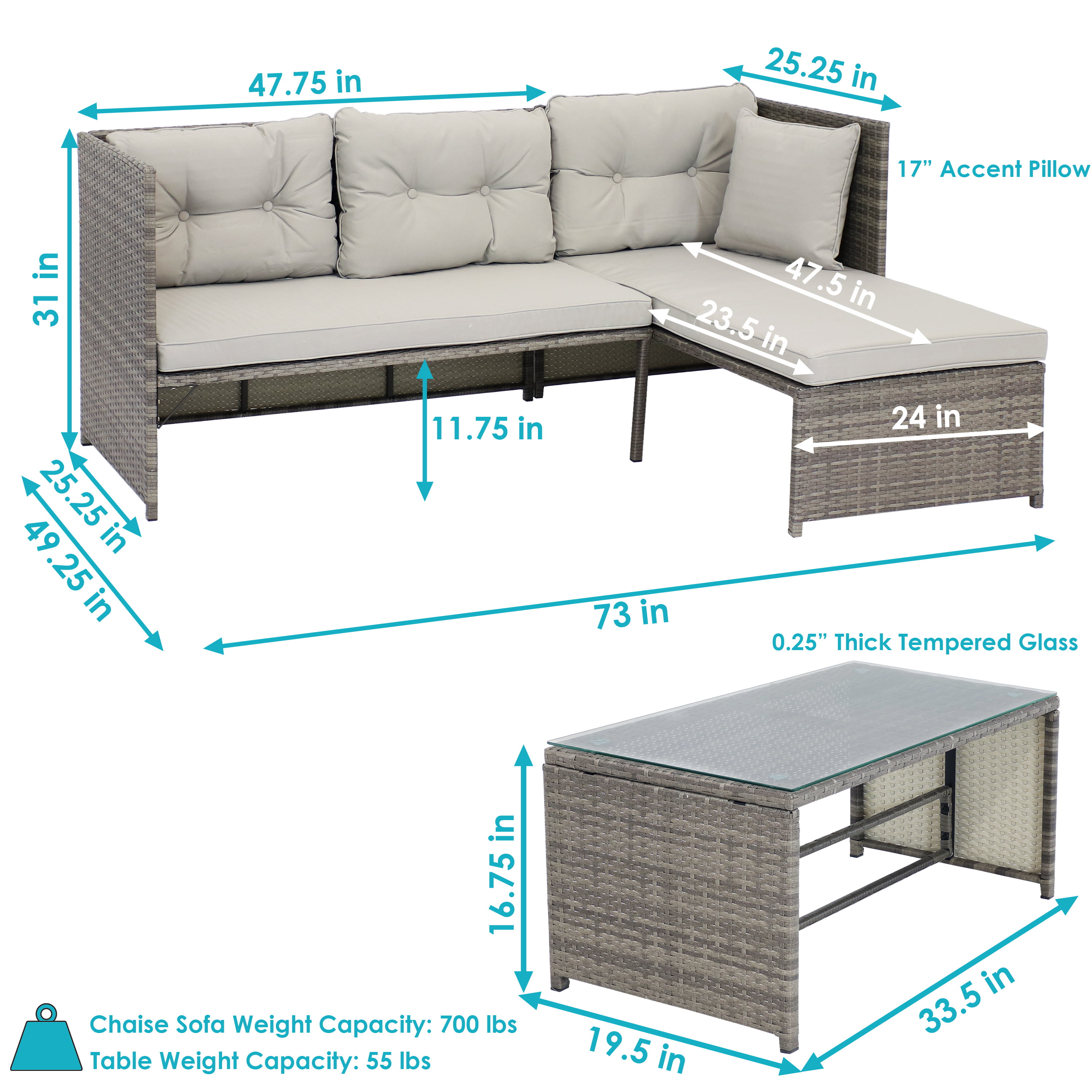 Sunnydaze Longford Outdoor Patio Sectional Sofa Set with Cushions - Stone Gray - image 3 of 12