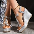 thumbnail image 2 of Rokment Glitter Flower Rhinestones Platform Wedges Dress Sandals for Women Bride Wedding 2026 Summer Delicate Clear Band Chunky High Heels Slingback Dressy Sandals Silver Size 8, 2 of 8
