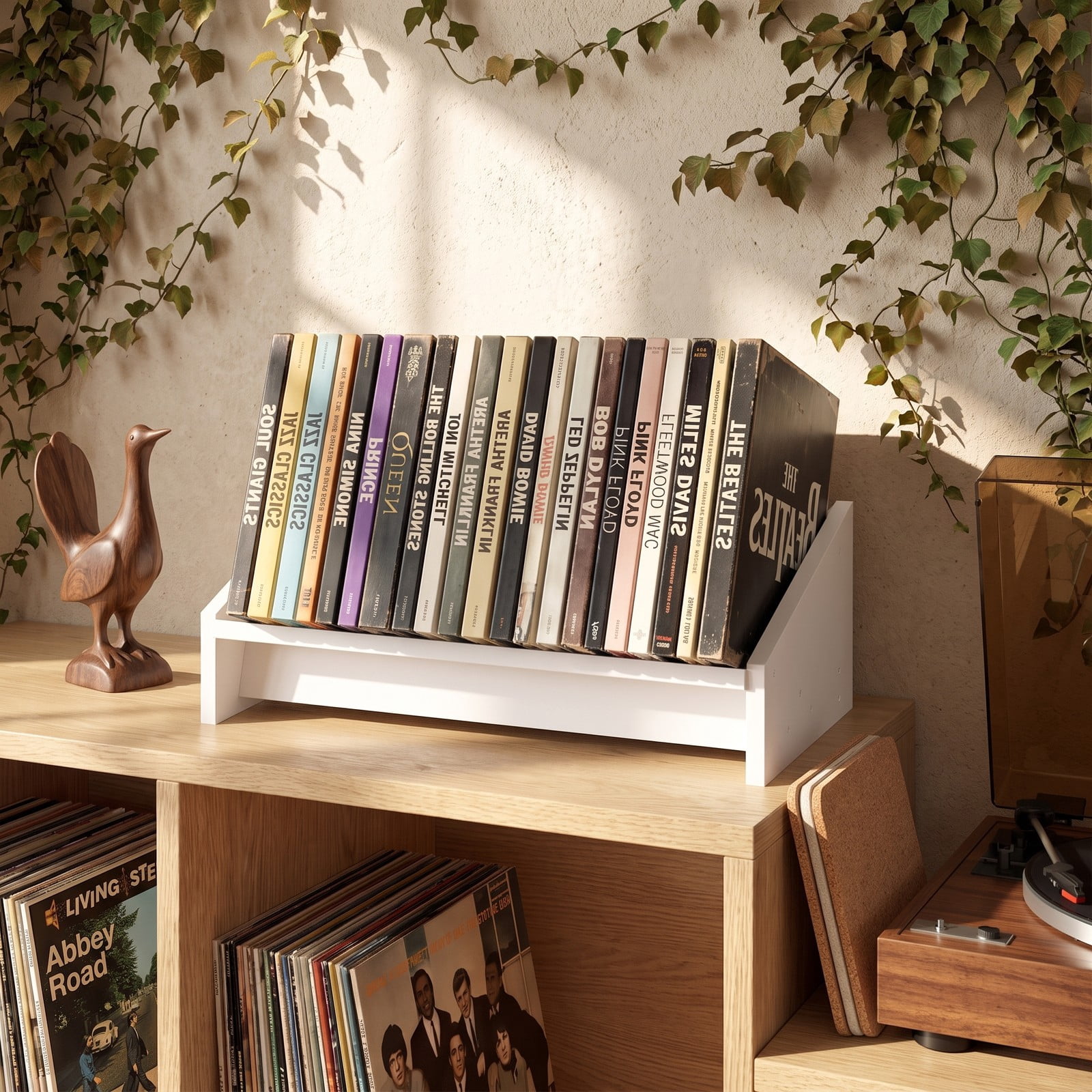 Furnibear Wooden Tilting Desktop Bookshelf, Small Tabletop Book Organizer Storage Rack for Magazines Vinyl Records Cookbooks, Space-Saving Wood Bookcase for, White