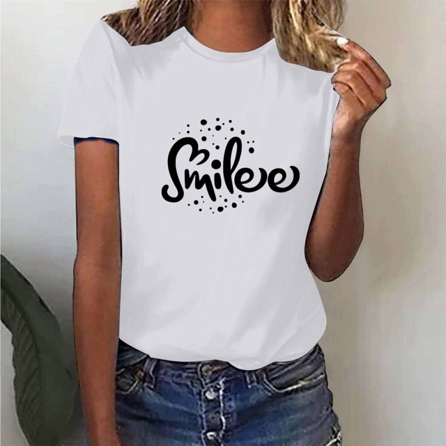 Pntutb Hauts Grande Taille Liquidation T-Shirts Femme Sourire Lettre Décontracté Imprimé Col Rond Manches Courtes T-Shirt Haut Manches Courtes Col Rond/chemise Sélections Éclair