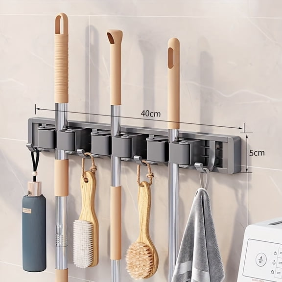 Gray 4 Hooks 3 Clips,Heavy-duty Golden Metal Mop And Broom Holder with Adjustable Hooks - Wall-mounted Organizer for Home, Kitchen, Garden, Laundry Room, Garage - Durable Tool And Equipment Storage S