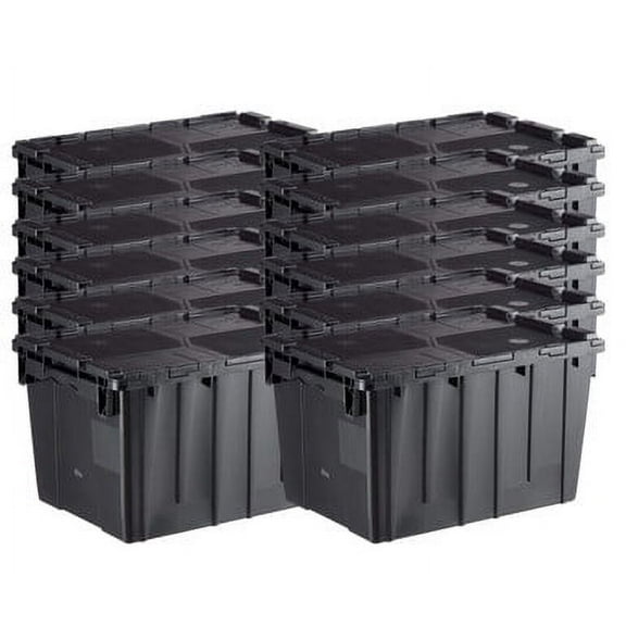 HOSPO Medium Storage Box - Stackable Black Container with Attached Lid (22" x 15" x 13", 12-Pack)