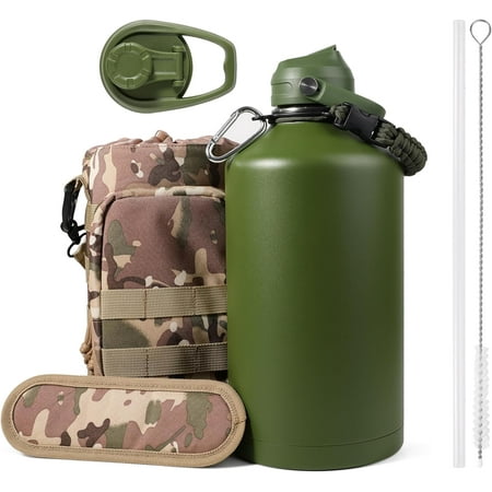 

128 oz Insulated Water Bottle with Straw Large One Gallon Stainless Steel Water Jug with Carrying Pouch Keep Hot and Cold 1 Gallon Water Bottle with Sleeve & Strap for Travel Hiking & Camping