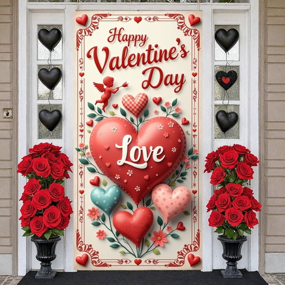 Red Theme Valentine's Day Banner Heart Pattern Love Display Cupid Design Floral Decoration Heart Backdrop for Valentine's Day Party Romantic Date Wedding Decoration