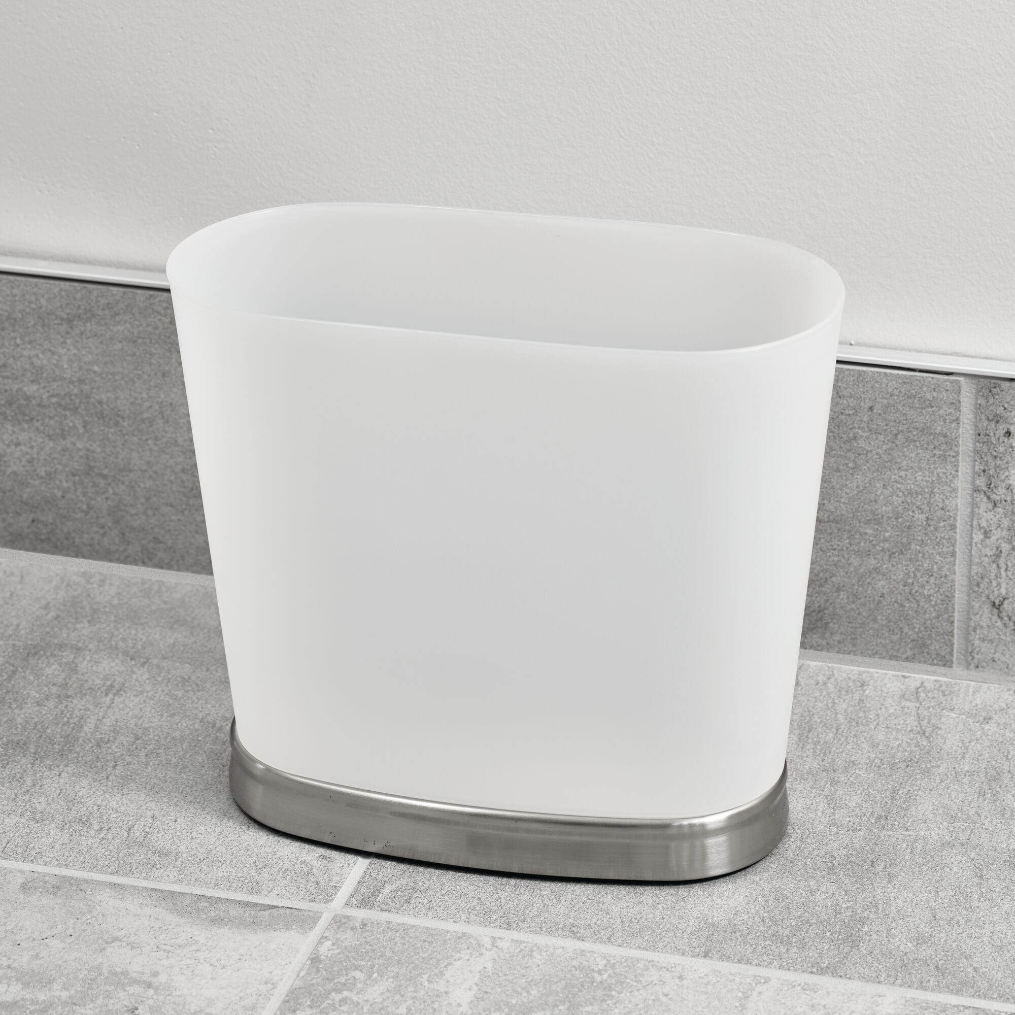 iDesign Gina Bathroom Trash Can, 3.2 Gallon Small Plastic Oval Open Top Garbage Bin, Made in USA, 2 Pack, Silver