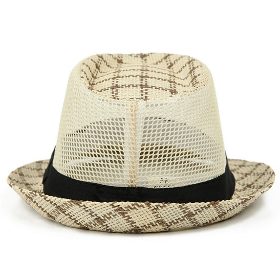 Fedora Hats for Men Hollow-Out Breathable Sun Protection Straw Hat Mens Casual Plaid Printed Going-Out Beach Visor Cap