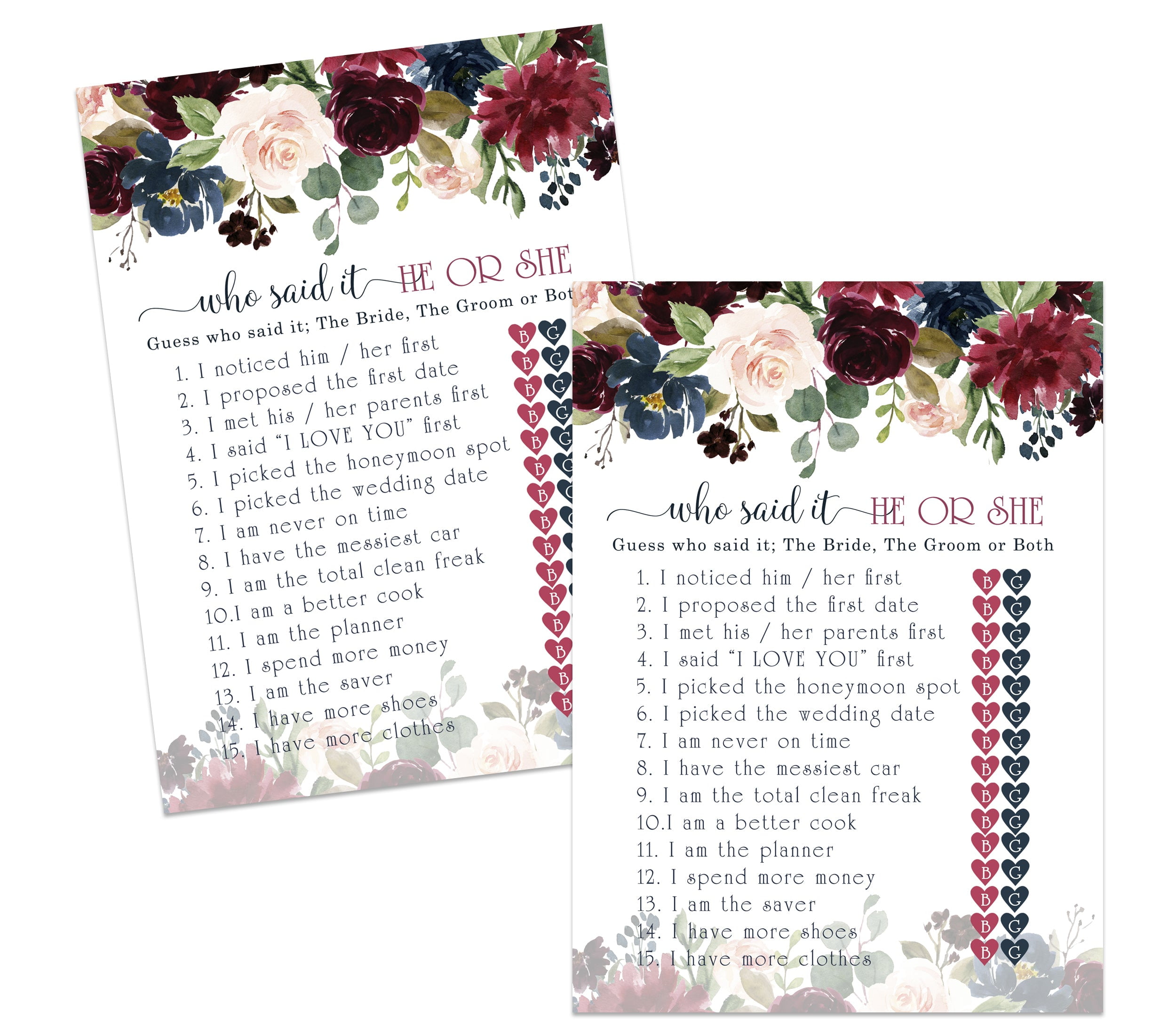 Indigo Floral Bridal Shower Game He Said or She Said 25 Pack of Cards - Who  Knows Bride and Groom Guessing Activity Engagement, Rehearsal, Reception -  Printed 5x7 Size Set - Paper