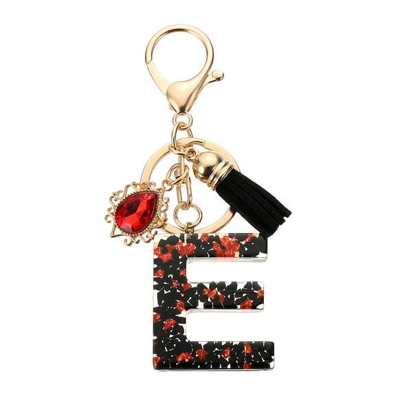 Uxcell Initial Letter E Keychains, Resin Alphabet Key Ring with Tassel, Black/Red