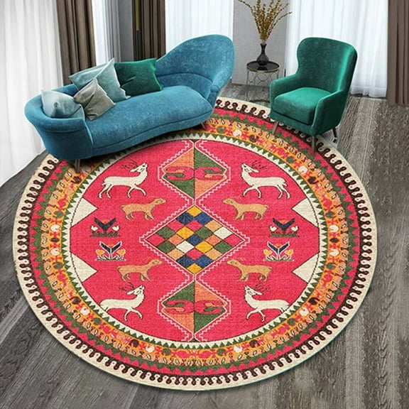 Boho Round Rug 47Inches Small Round Area Rug Non-Slip Round Bathroom Rug Washable Throw Rugs for Bedroom Oriental Distressed Round Kitchen Office Circle Rug Round Carpet for Living Dining Room Sofa