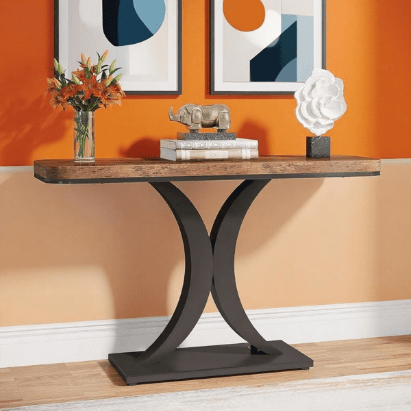 39.4" Industrial Console Table - Rustic Brown Wood Grain with Curved Edge, Heavy-Duty Geometric Base, Narrow Entryway Table for Living Room, Hallway & Foyer