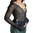 thumbnail image 2 of Women Mesh Tops Patchwork Grunge Off Shoulder Halter Elegant See Through Backless Lace Up Sheer Shirt Black M, 2 of 7