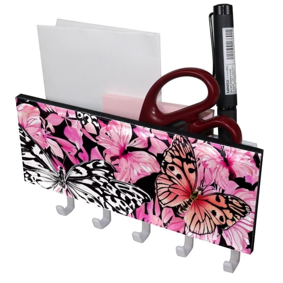 PhooArto Key Holder for Wall Decorative with 5 Key Hooks, Leopard Butterfly Pink Pattern Holders Wall Mount Organizer with Mail Key Rack, Self Adhesive