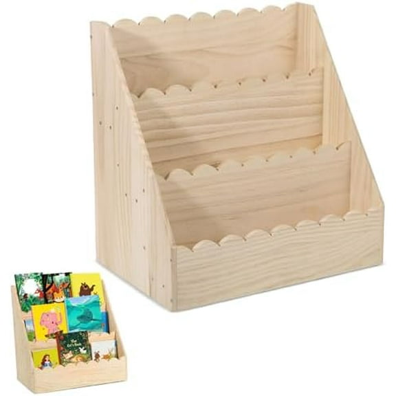 Bookcases Scalloped Book Shelf for Kids 3-Tier Wooden Bookshelf Montessori Style Display Shelf Durable Bookcase Book Organizer for Nursery, Room Bedroom, Playroom for 1-5 Years Toddler, 16.5” x 10.6”