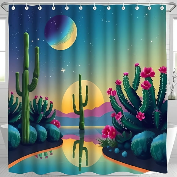 Vibrant Desert Sunset Shower Curtain with Saguaro Cacti & Sky Tranquil Bathroom Decor