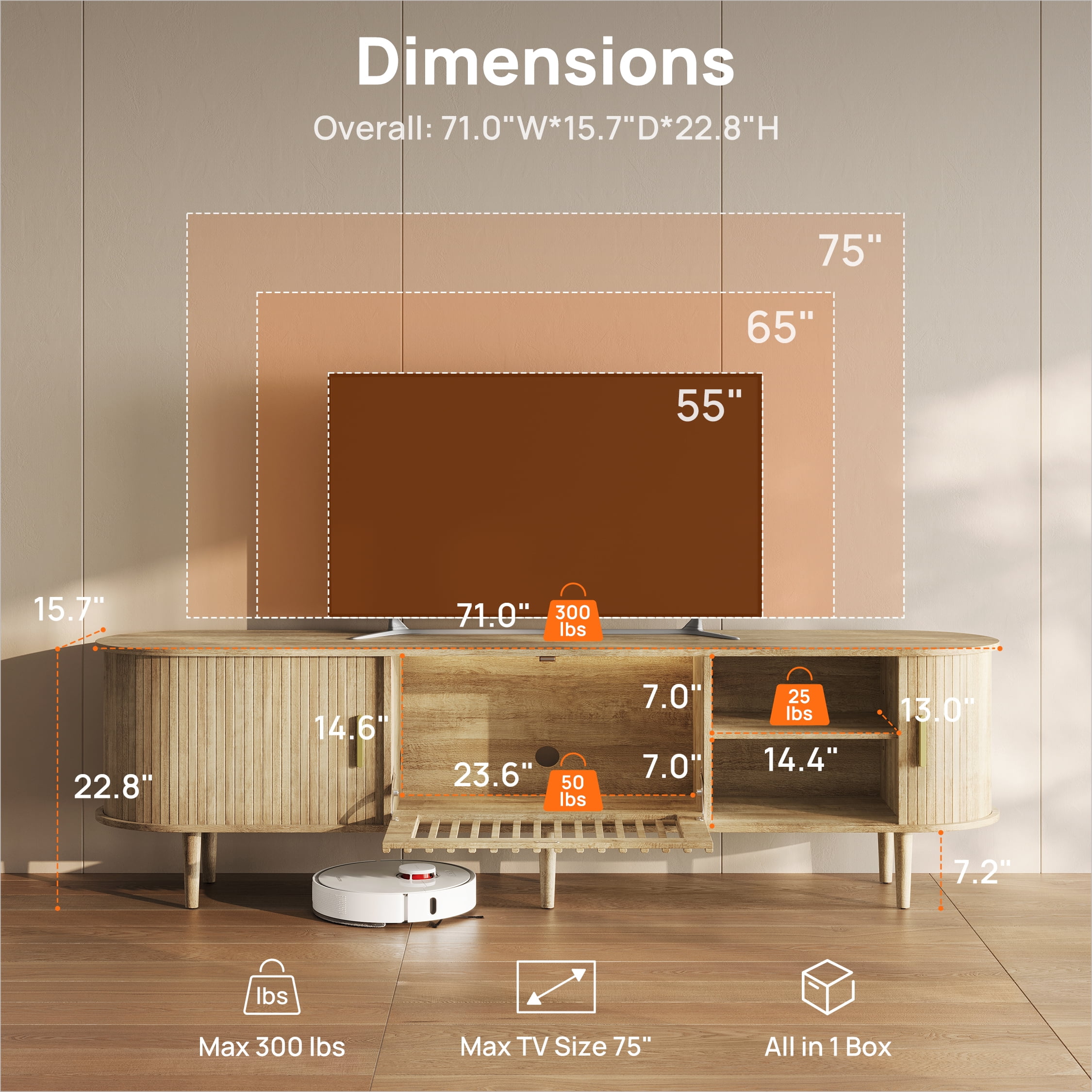 CHIC HOUSE 70" LED TV Stand for TVs up to 75", Mid-Century Modern Entertainment Center with Storage Shelves & Sliding Tambour Door, Oak
