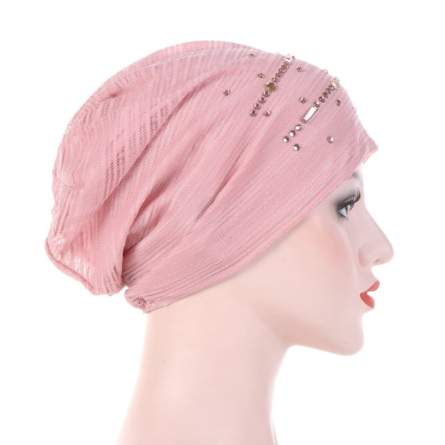 WZXFASHION Women Rhinestone India Hat Muslim Ruffle Cancer Chemo Beanie Turban Wrap Cap Clothing Shoes & Accessories Pink One Size