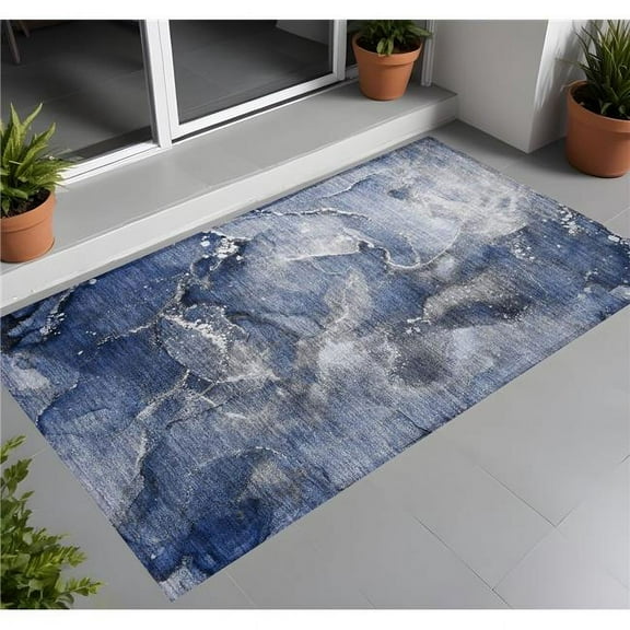 HomeRoots 560310 2 x 3 ft. Blue & Gray Abstract Washable Non Skid Indoor Outdoor Rectangle Machine Woven Area Rug