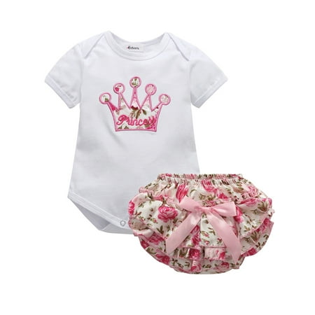 

Baby Girl Crown Princess 2 Pcs Outfits Set Short Sleeve Romper Tops+Tutu Shorts for Newborn Infant Toddler