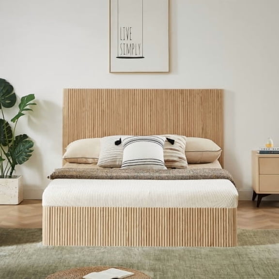 Queen Size Storage Bed Frame, Modern Hydraulic Lift Up Platform Bed with Wooden Corrugated Headboard, No Box Spring Needed, Oak Finish