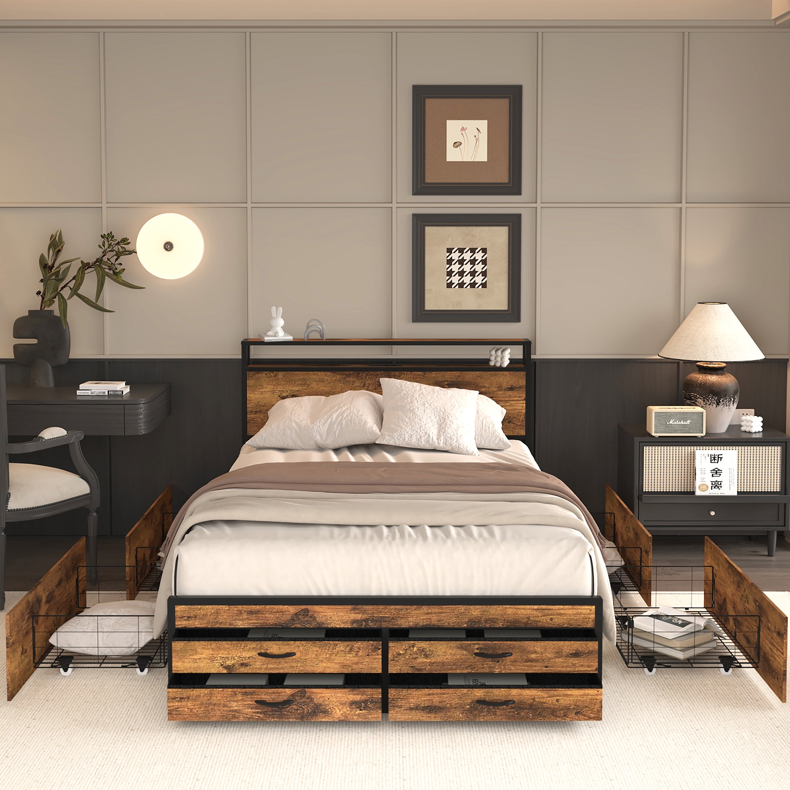 Miniyam Queen Size Bed with Storage Drawers, Charging Station for Adult, Brown