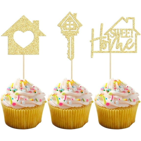 12pcs Sweet Home Cupcake Toppers Gold Glitter Key Housewarming Cupcake Picks New Home Theme Party Cake Decorations Supplies