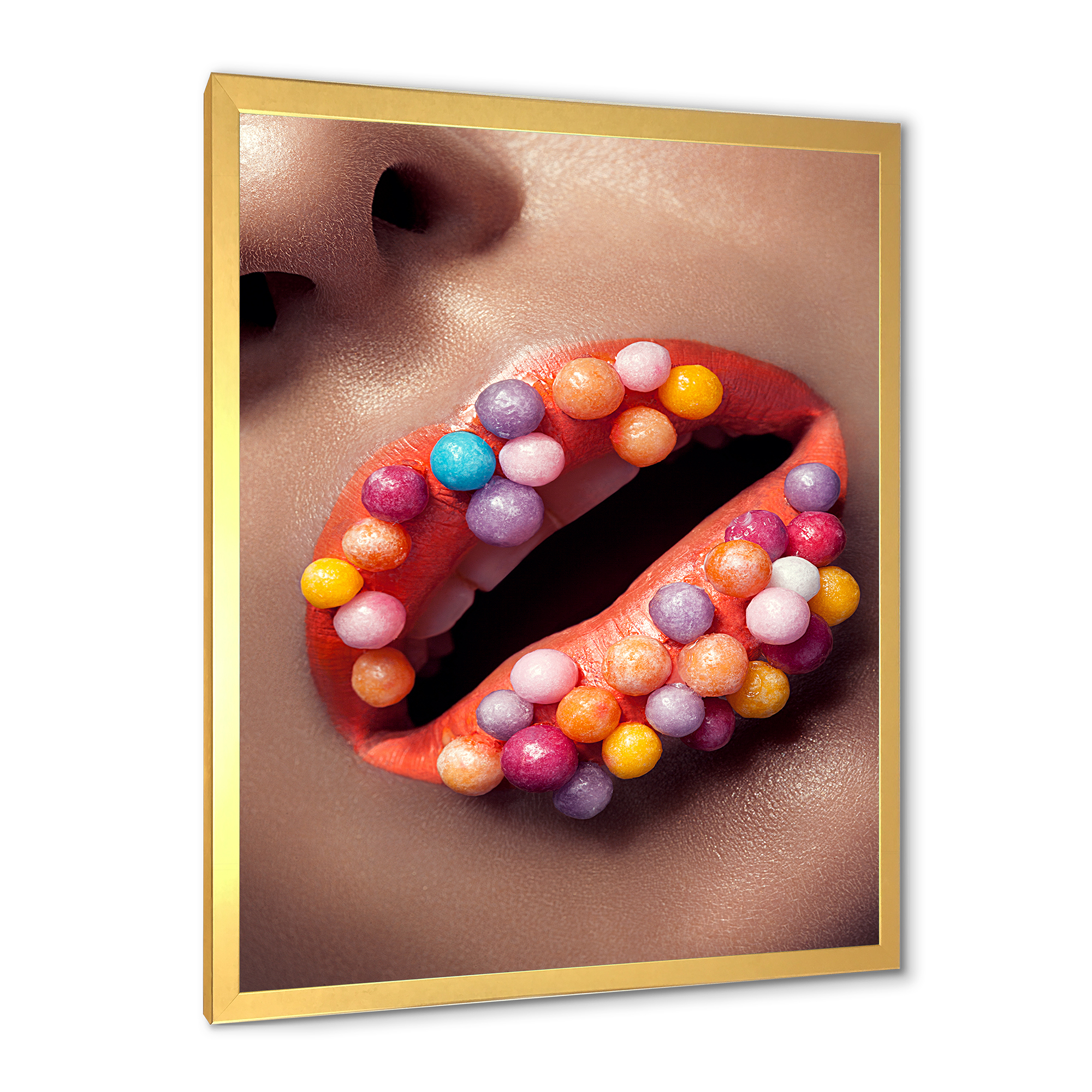 Designart 'Close Up of Creative Make Up On Woman Lips With Lolipops' Modern Framed Art Print