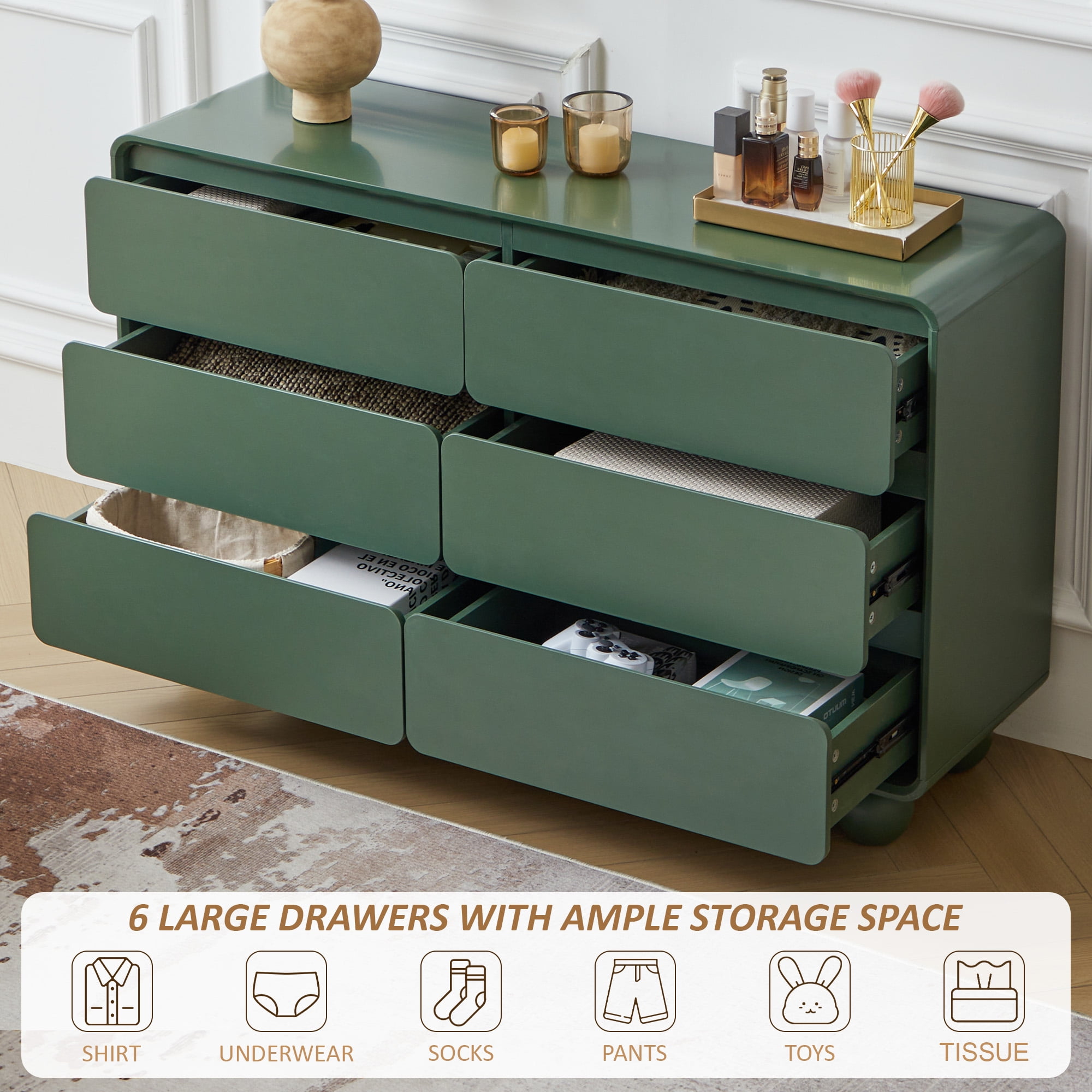 YOCWO 6 Drawer Dresser for Bedroom, Mid Century Chest of Drawers with Arc Edge and Round Leg, Wood Storage Large Dresser Organizer for Bedroom Living Room Hallway Closet, Green