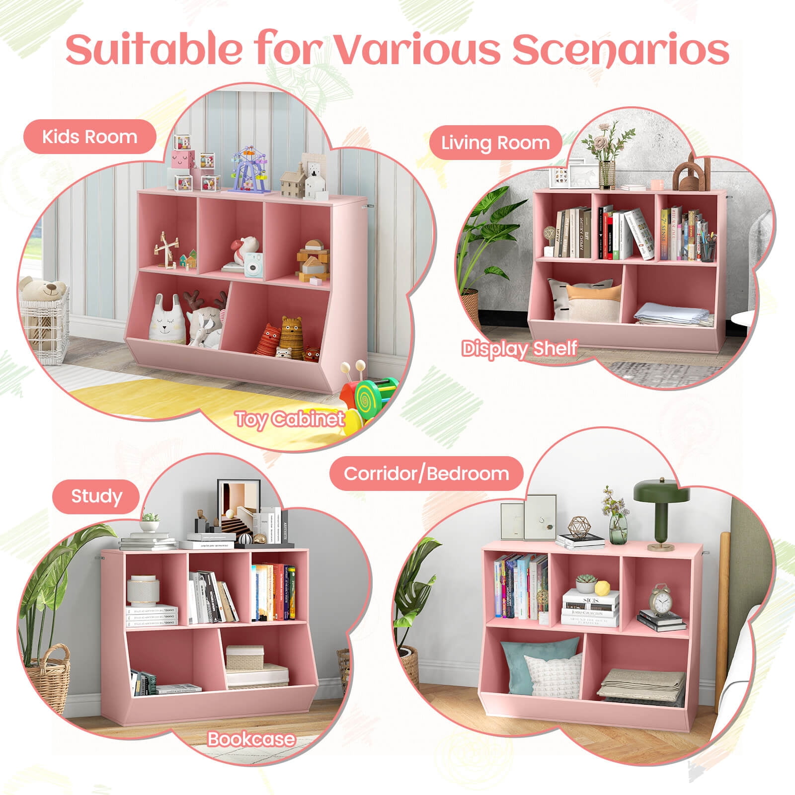Costway 5-Cubby Kids Toy Storage Organizer Wooden Bookshelf Display Cabinet Pink