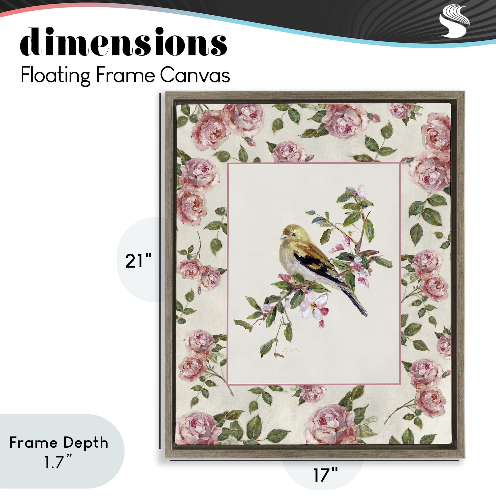 Stupell Industries Perched Bird with Dainty Roses Brown Framed Floater Canvas Wall Art, design by Sally Swatland