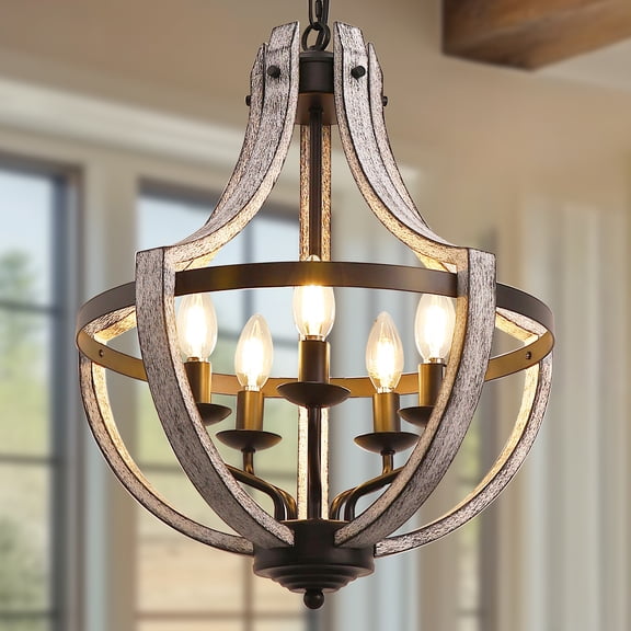 LOHASLED 17in 5-Light Chandelier, Metal & Wood Geometric Pendant Light with E12 Base, Adjustable Height for Sloped Ceilings, Farmhouse Hanging Ceiling Lamp for Dining Room Living Room (Bulbs Not Incl