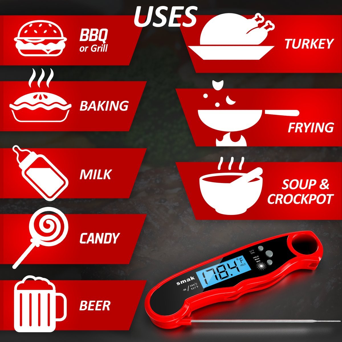 Digital Instant Read Meat Thermometer – Waterproof Kitchen Food Cooking Thermometer with Backlight LCD – Best Ultra-Fast Electric Meat Thermometer Probe for BBQ Smoker Roasting Turkey,Chilli