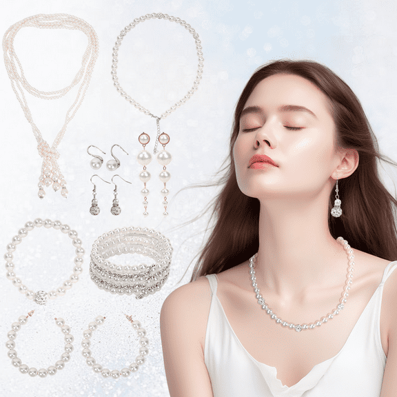 8 Pcs Pearl Necklace and Earrings Set for Women 1920s Costume Jewelry Bracelet Set for Wedding Birthdays Gifts