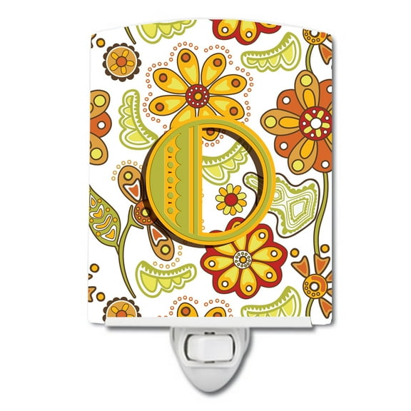 Caroline's Treasures CJ2003-OCNL Letter O Floral Mustard and Green Ceramic Night Light, 6x4x3", multicolor