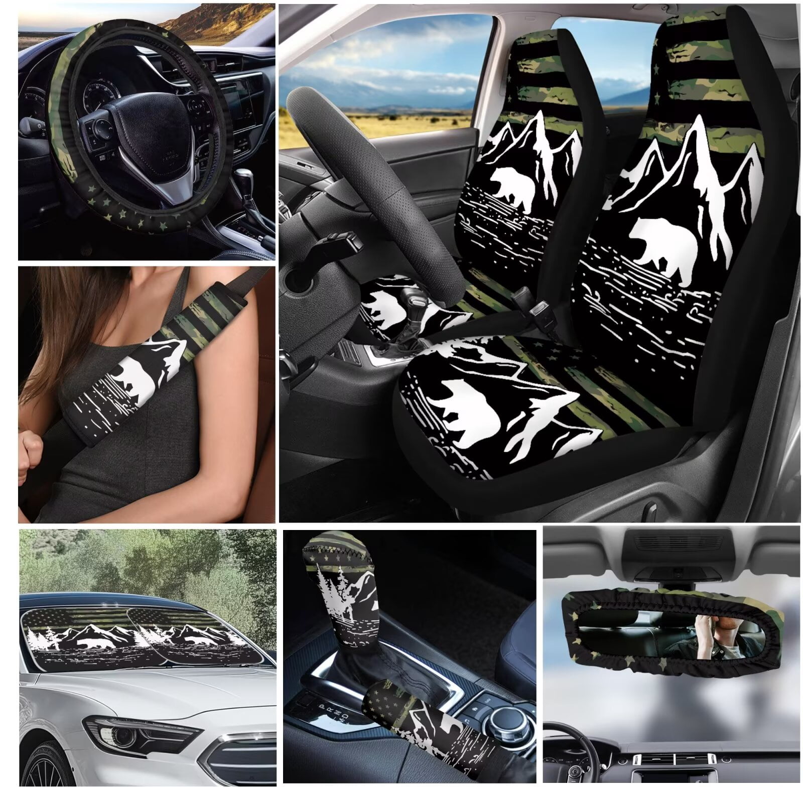 Garronmavis American Flag Bear 16 Pcs Car Accessories Set Car Seat Belt Pads Cover Keychain Hand Brake Cover Cup Mats Front Window Sunshade Auto Rear View Mirror Covers