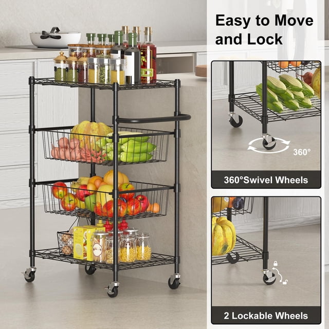 Kojooin 4-Tier Rolling Utility Cart with Handle Bar and 2 Removable Baskets for Kitchen, Dining Room or Bathroom