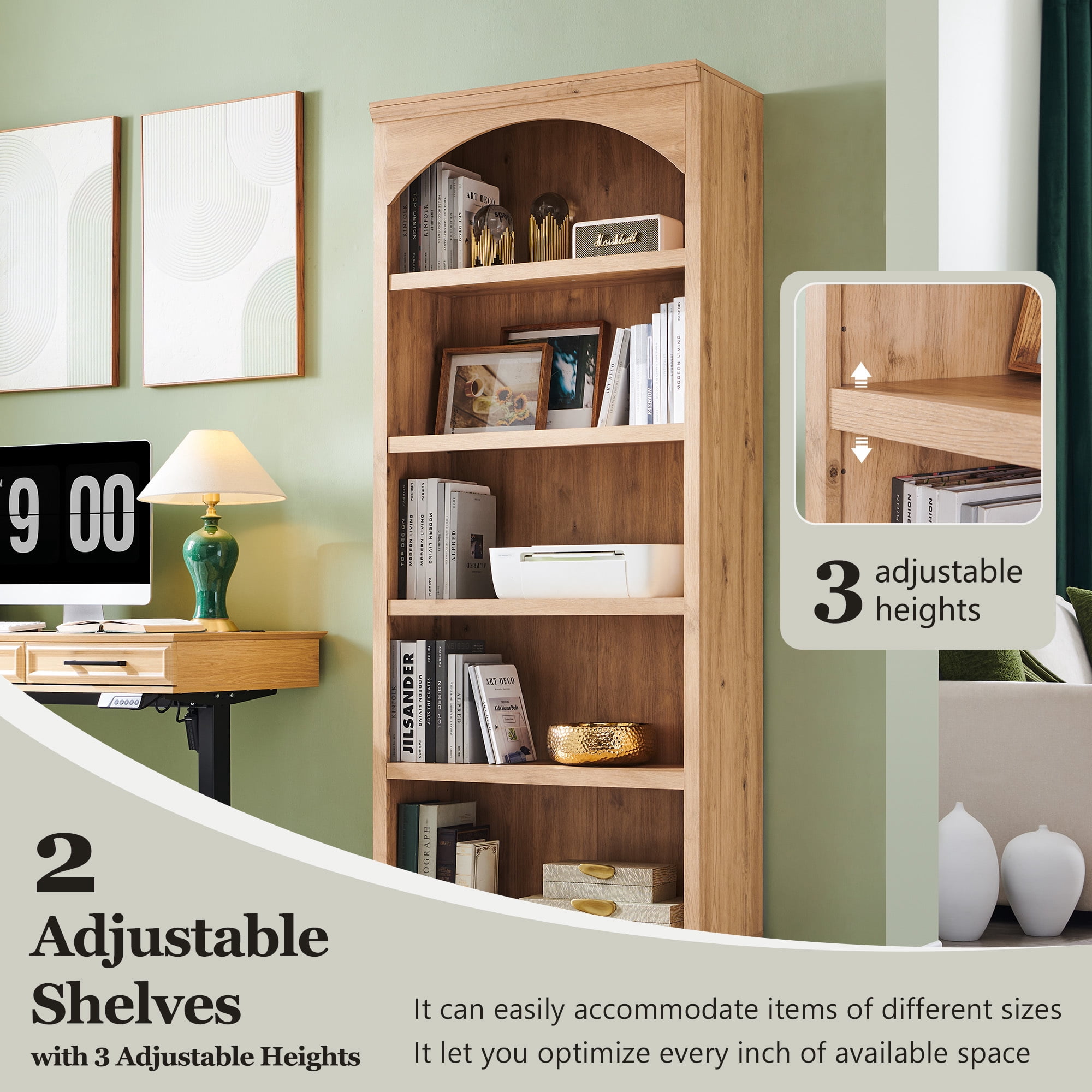 SinCiDo Tall Arched Bookcase, 5-Tier Large Bookshelf with Open Display Shelves for Living Room, Natural
