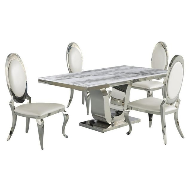 White Marble 5 piece Dining Set with Silver Stainless Steel Base