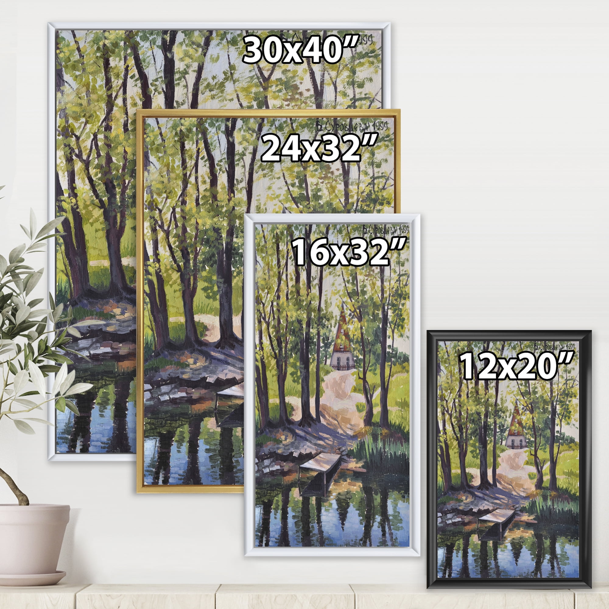 Designart 'Mysterious Countryside House By The River In The Woods' Lake House Framed Canvas Wall Art Print